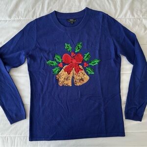 Lisa International Blue Holiday Sweater with Sequin Bells Size M